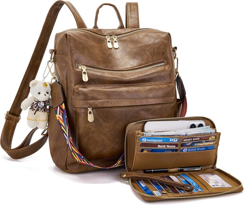 Soperwillton Women Backpack Purse Multipurpose Design Handbags Shoulder Bag PU Leather Travel bag Backpack Set 2pcs - Image 1